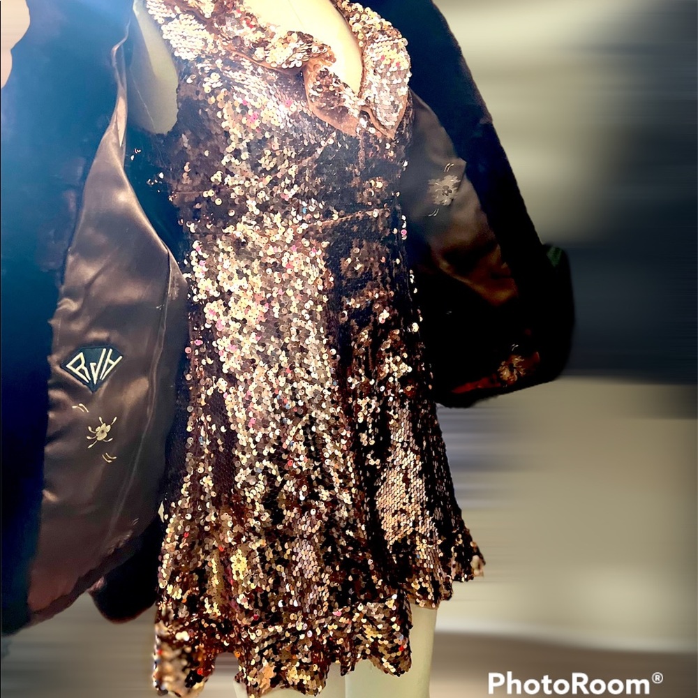 NWT champagne Free People sequins dress w/tulle ruffle & flattering A-line skirt